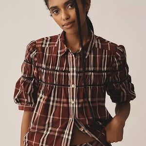 Maeve Burgandy Plaid Puff Sleeve Blouse